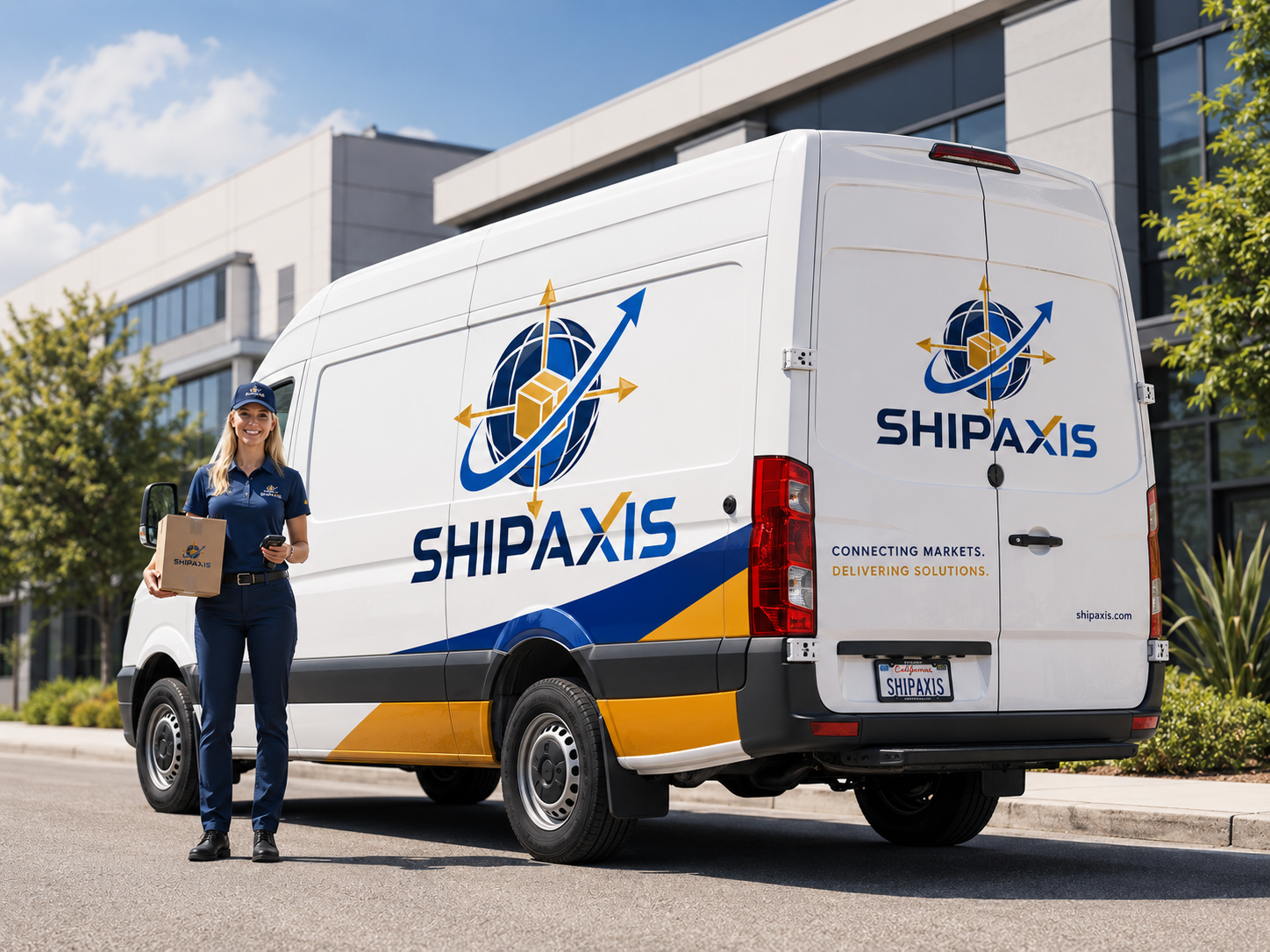 A ShipAxis branded delivery van with a courier holding a parcel outside a business park