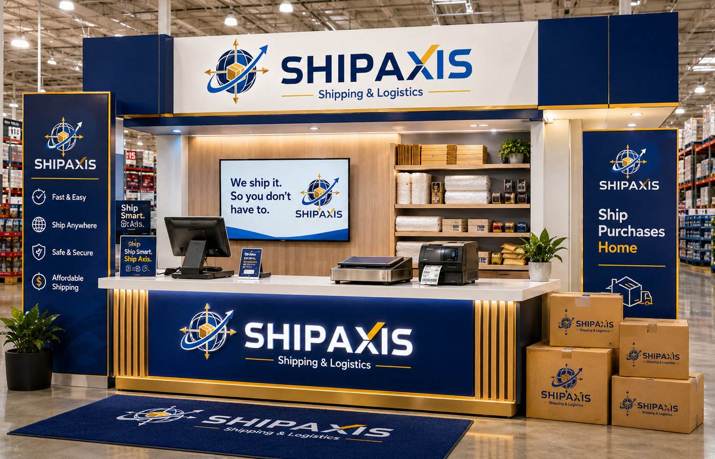 A ShipAxis shipping counter with scales, label printers and packing supplies