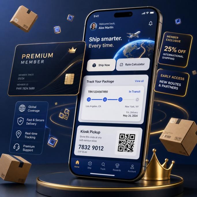A smartphone showing the ShipAxis app with rate, tracking and pickup tools beside packed parcels